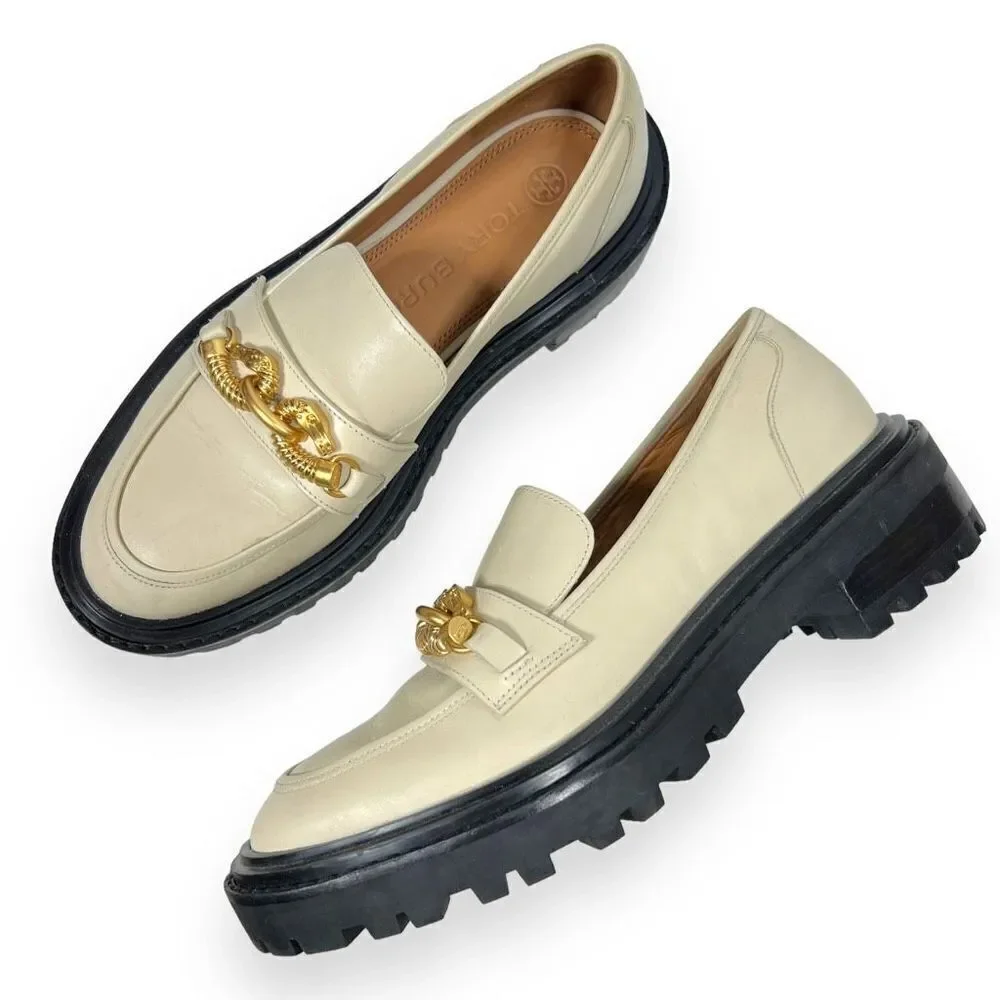 Tory Burch Jessa Leather Lug Sole Gold Chain Link Loafers Cream Academia Size 8